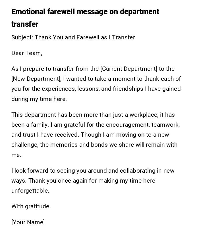 Emotional farewell message on department transfer Emotional farewell message on department transfer