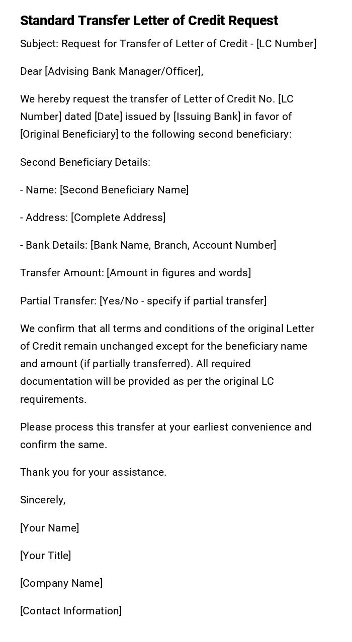 Standard Transfer Letter of Credit Request