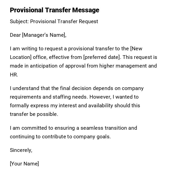 Provisional Transfer Message