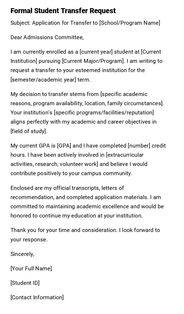 Formal Student Transfer Request Formal Student Transfer Request
