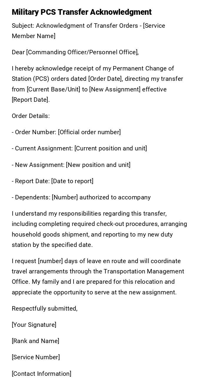 Military PCS Transfer Acknowledgment Military PCS Transfer Acknowledgment