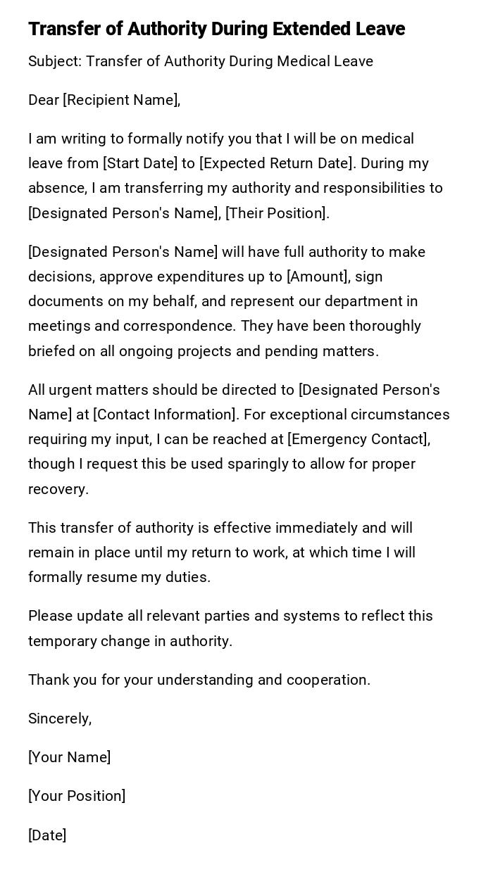 Transfer of Authority During Extended Leave Transfer of Authority During Extended Leave