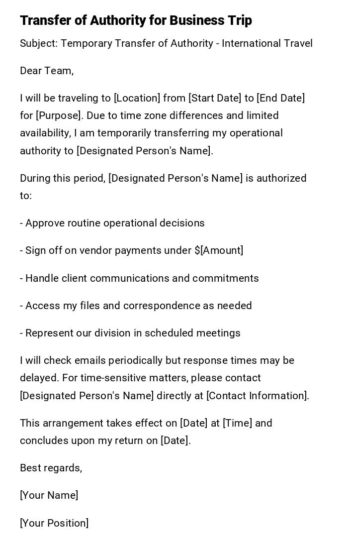 Transfer of Authority for Business Trip Transfer of Authority for Business Trip