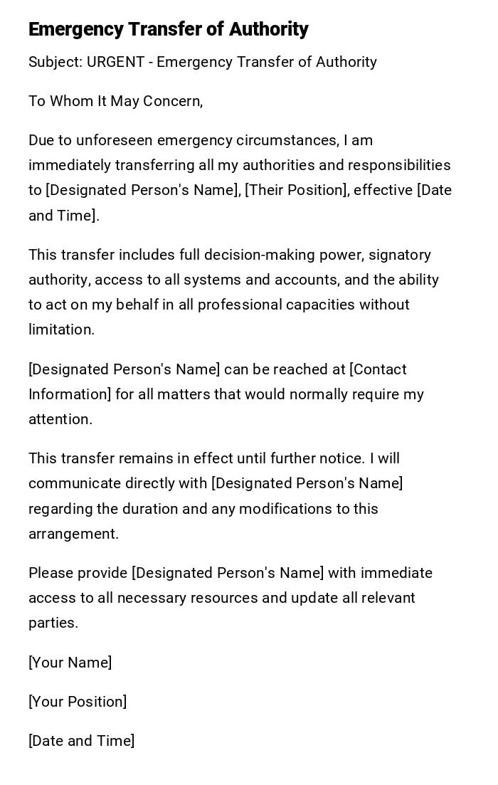 Emergency Transfer of Authority Emergency Transfer of Authority