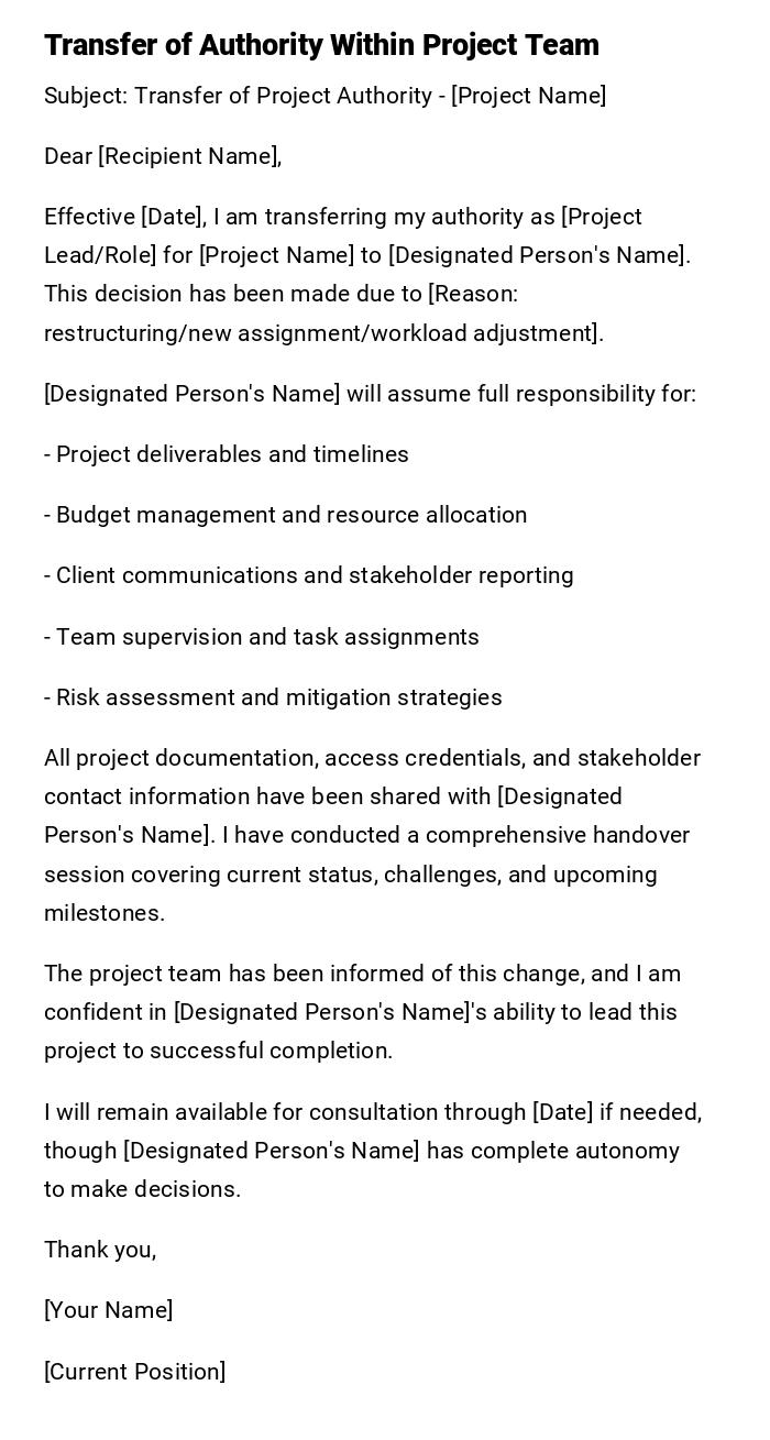 Transfer of Authority Within Project Team Transfer of Authority Within Project Team