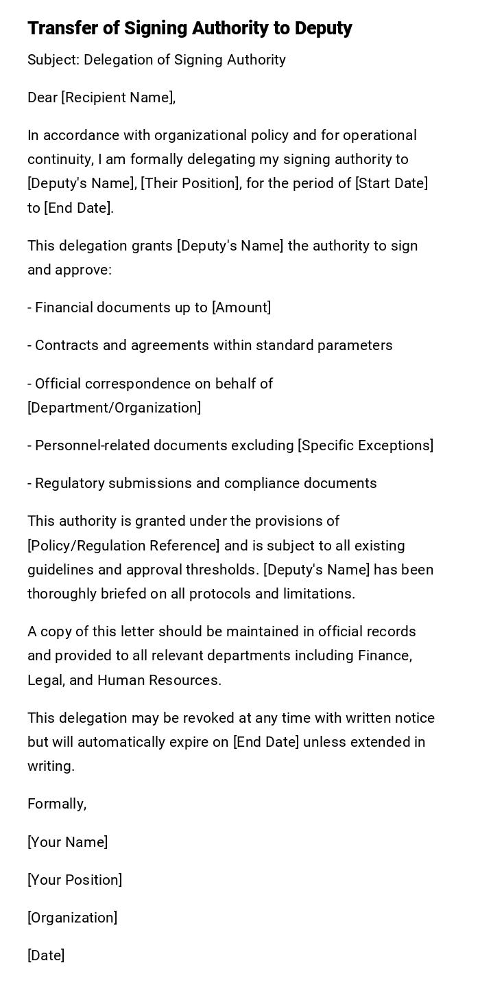Transfer of Signing Authority to Deputy Transfer of Signing Authority to Deputy
