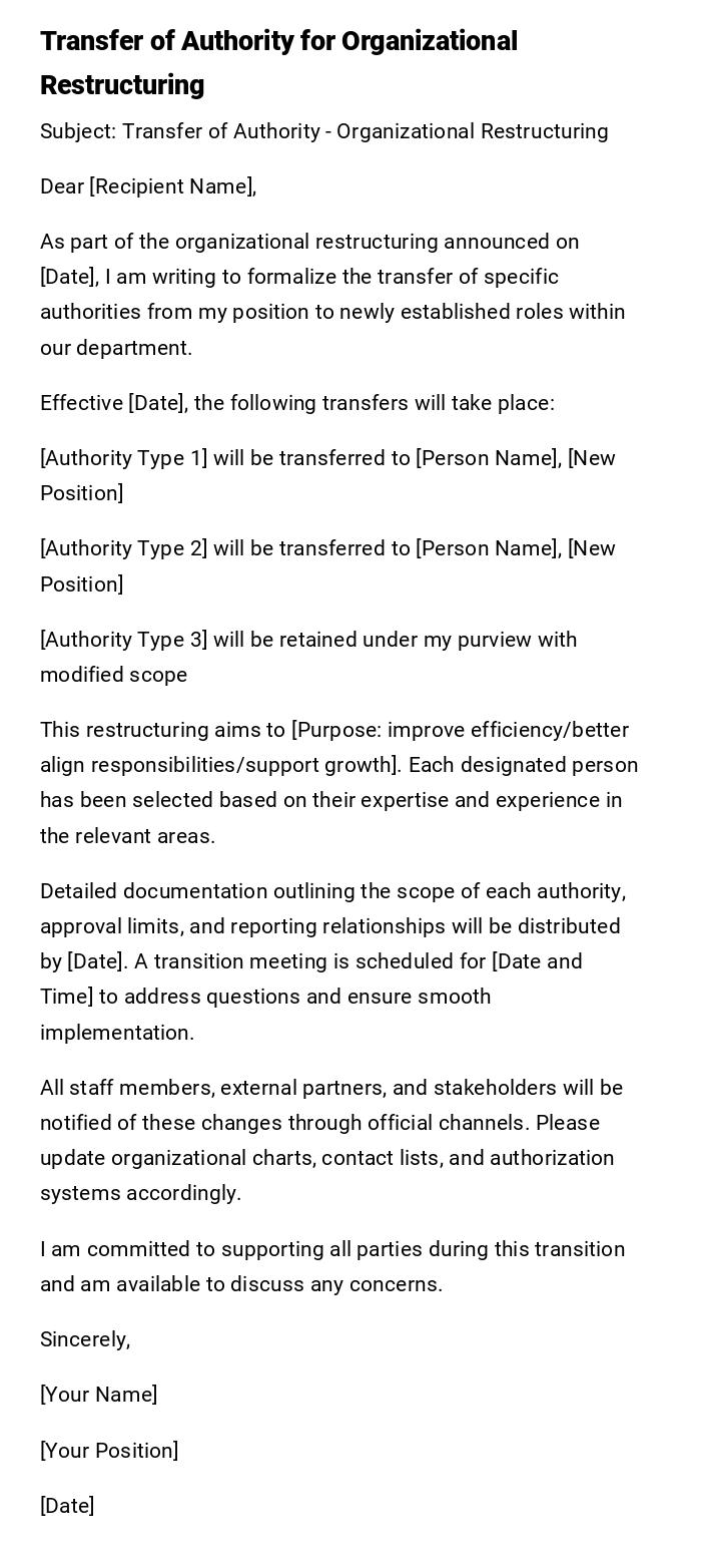 Transfer of Authority for Organizational Restructuring Transfer of Authority for Organizational Restructuring