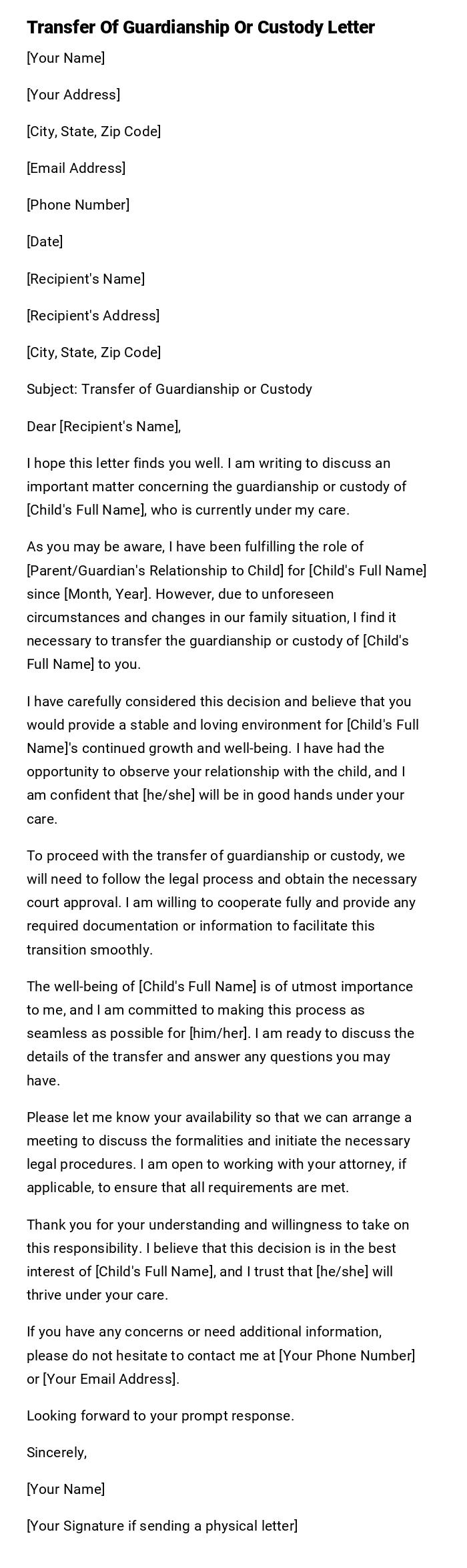 Transfer Of Guardianship Or Custody Letter Transfer Of Guardianship Or Custody Letter