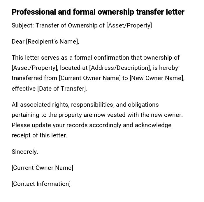 Professional and formal ownership transfer letter