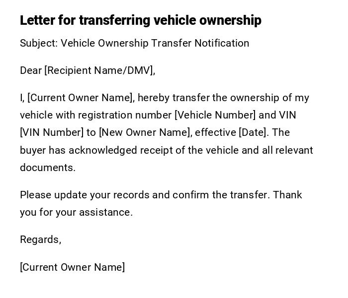 Letter for transferring vehicle ownership