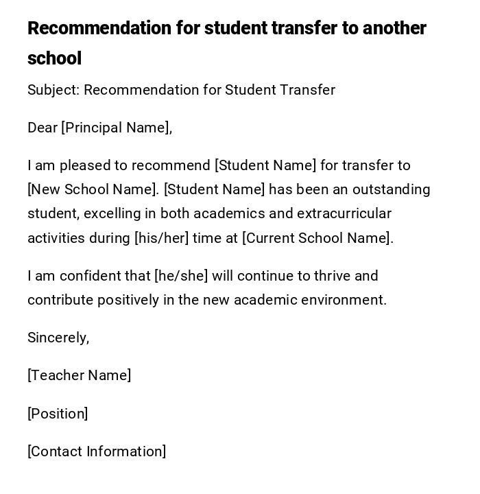 Recommendation for student transfer to another school