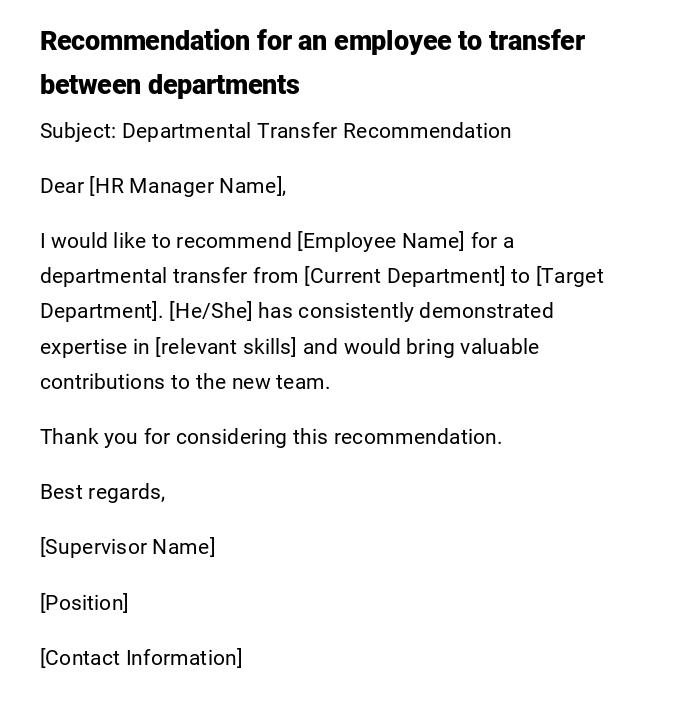 Recommendation for an employee to transfer between departments