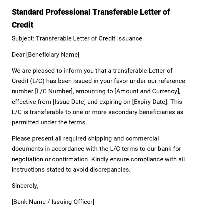 Standard Professional Transferable Letter of Credit Standard Professional Transferable Letter of Credit