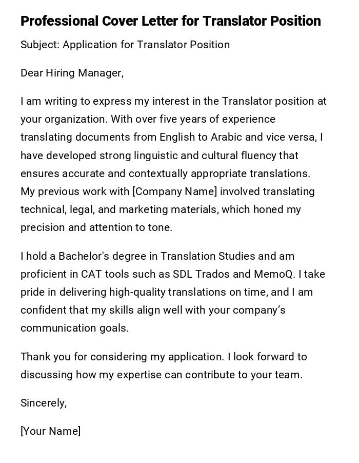 Professional Cover Letter for Translator Position Professional Cover Letter for Translator Position