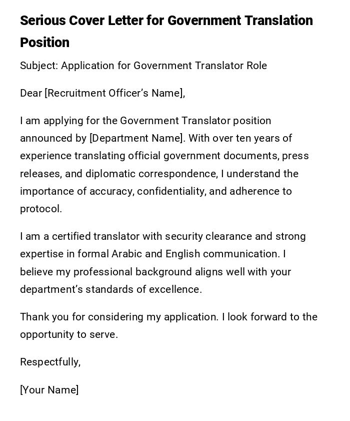 Serious Cover Letter for Government Translation Position Serious Cover Letter for Government Translation Position