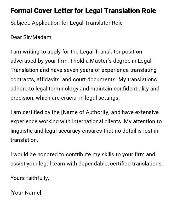 Formal Cover Letter for Legal Translation Role Formal Cover Letter for Legal Translation Role
