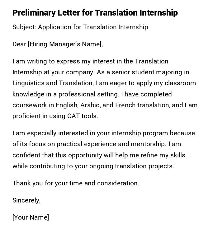Preliminary Letter for Translation Internship Preliminary Letter for Translation Internship