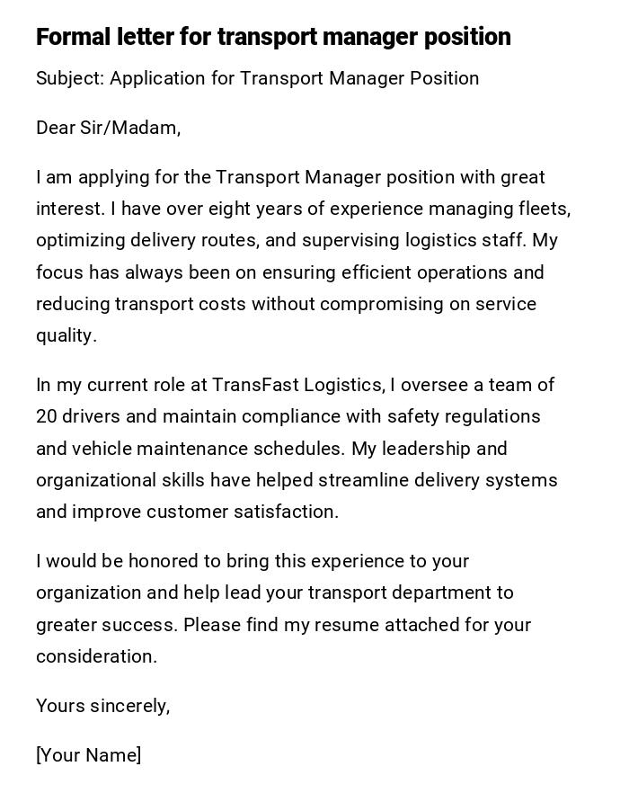 Formal letter for transport manager position Formal letter for transport manager position