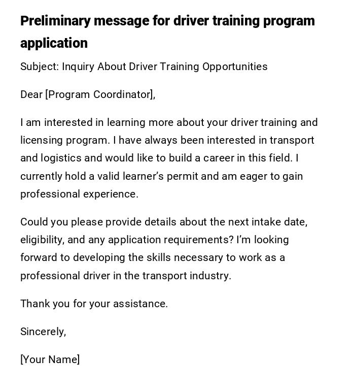Preliminary message for driver training program application Preliminary message for driver training program application