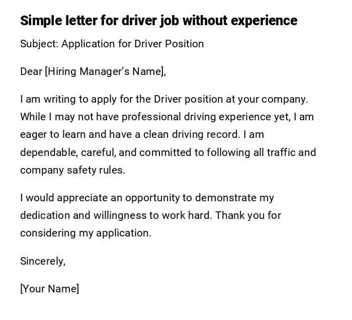 Simple letter for driver job without experience Simple letter for driver job without experience