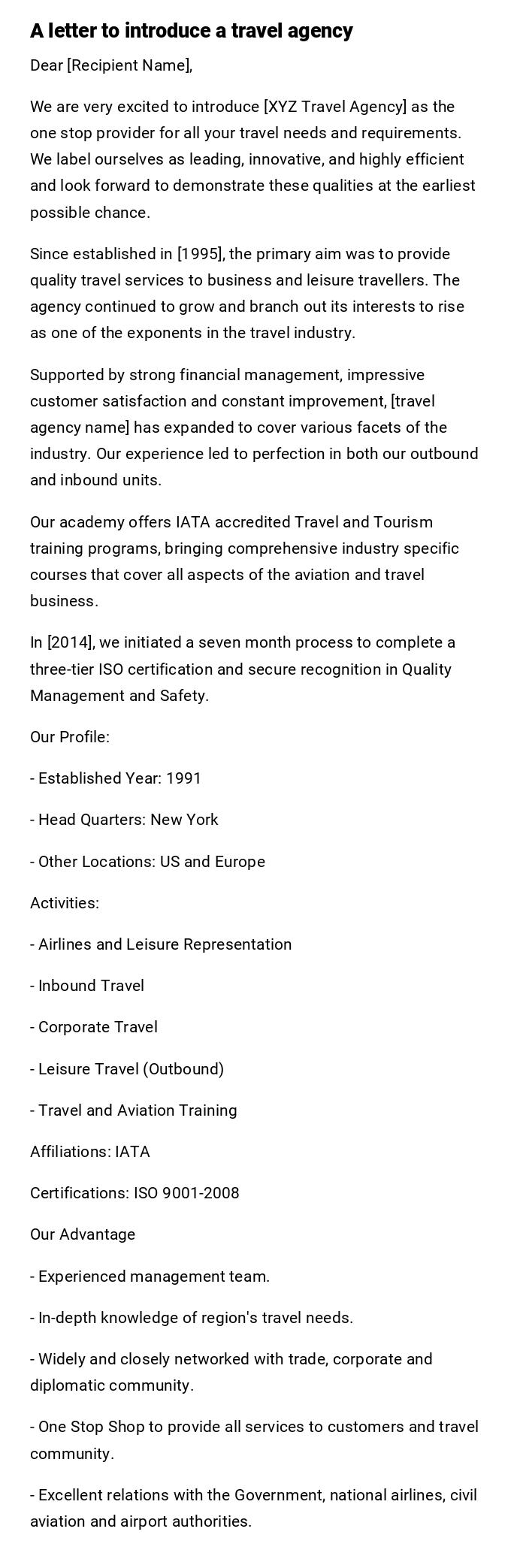 A letter to introduce a travel agency