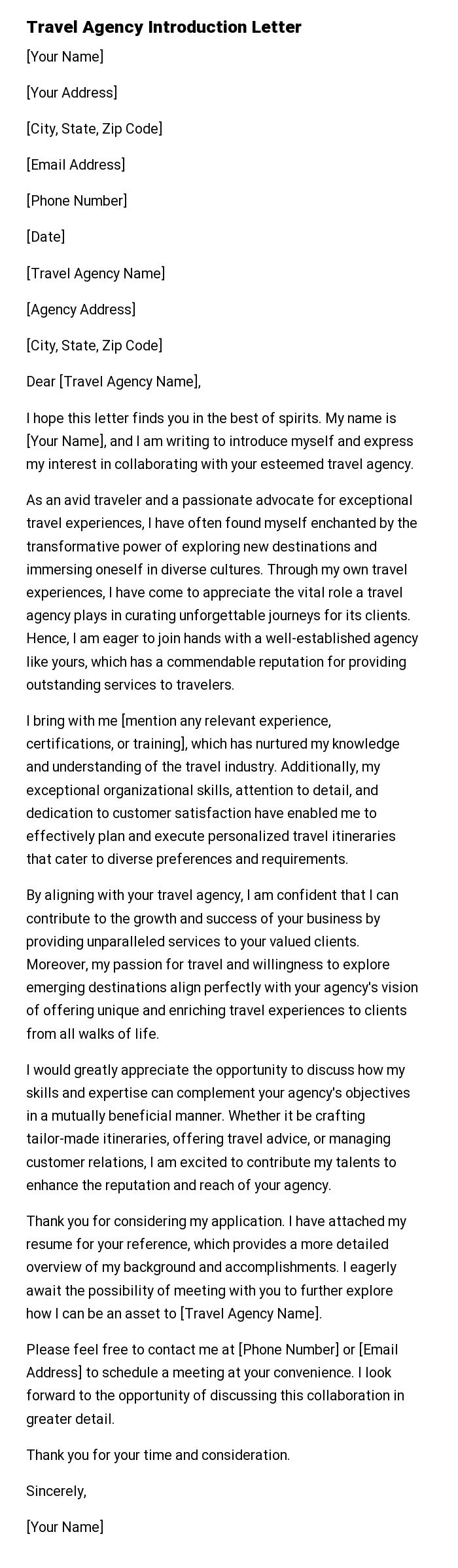 Travel Agency Introduction Letter