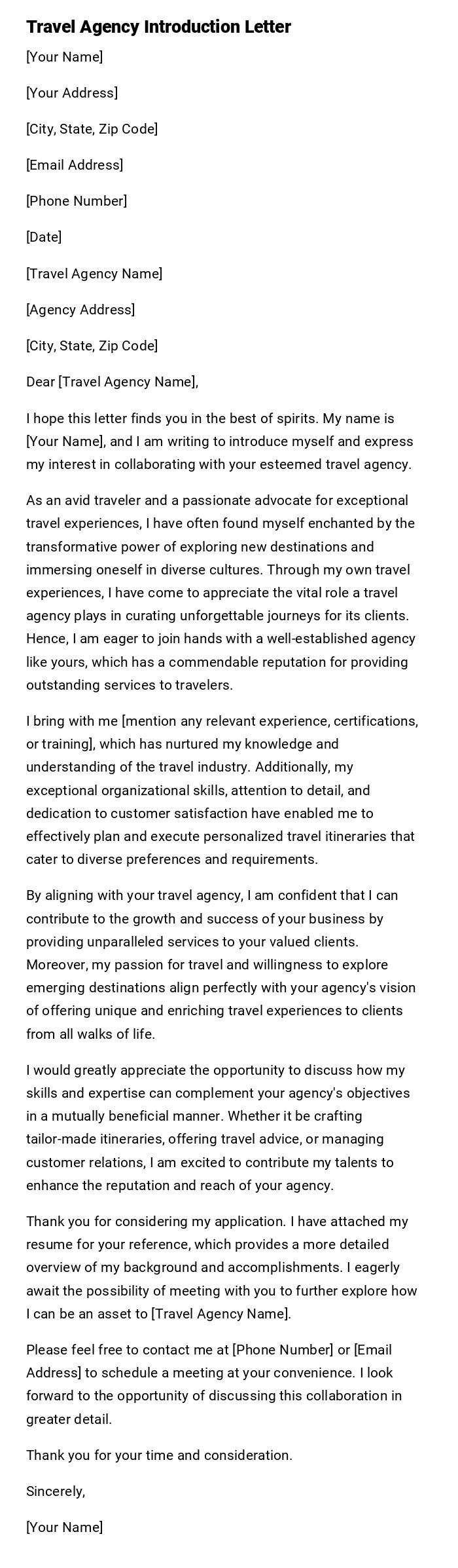 Travel Agency Introduction Letter