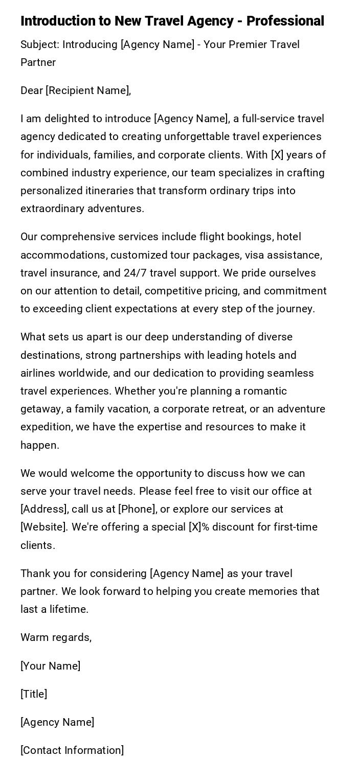 Introduction to New Travel Agency - Professional