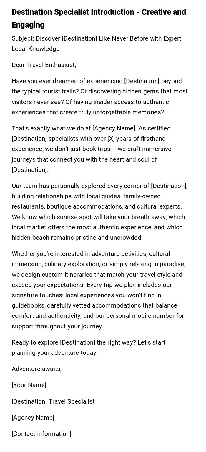 Destination Specialist Introduction - Creative and Engaging
