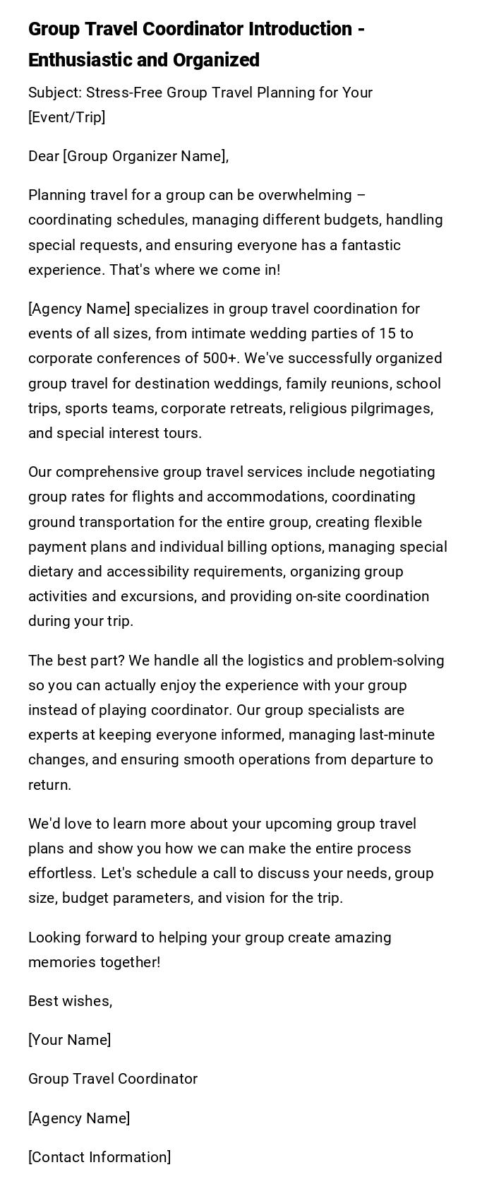 Group Travel Coordinator Introduction - Enthusiastic and Organized