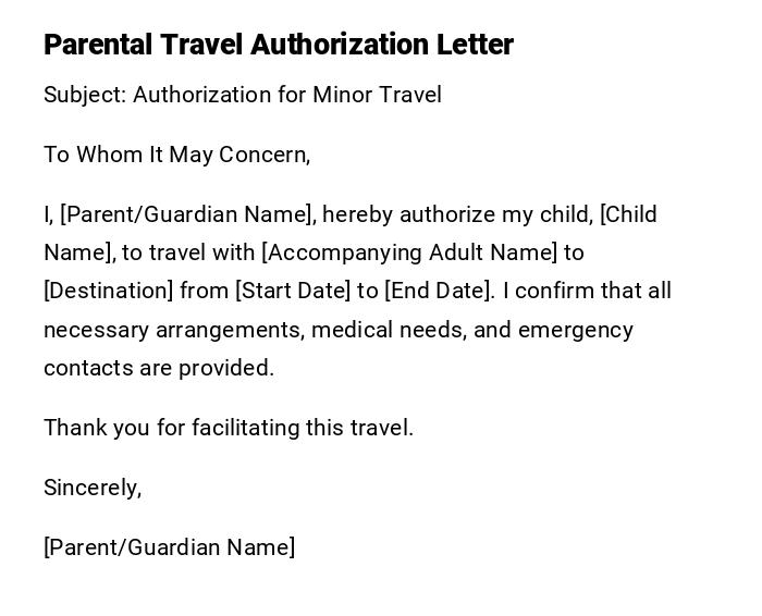 Parental Travel Authorization Letter Parental Travel Authorization Letter