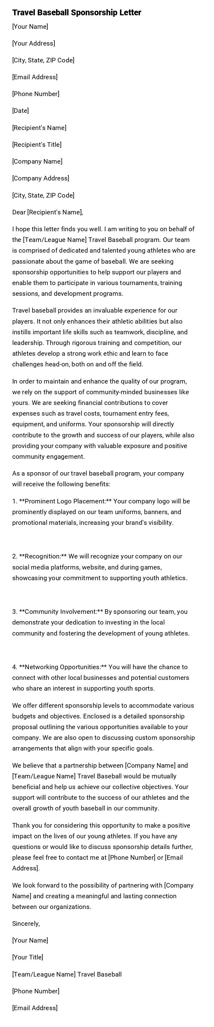 Travel Baseball Sponsorship Letter