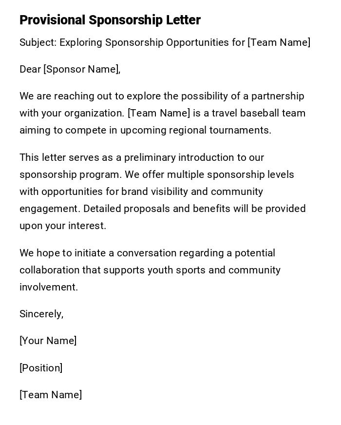 Provisional Sponsorship Letter Provisional Sponsorship Letter