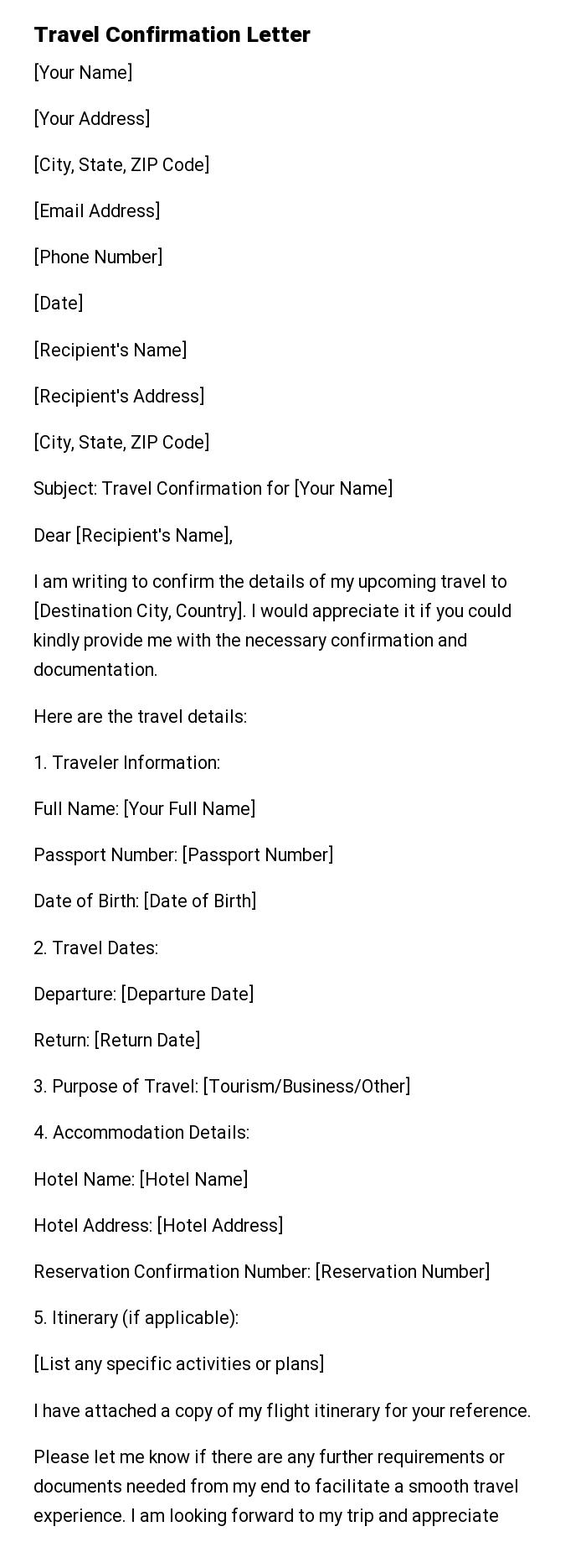 Travel Confirmation Letter