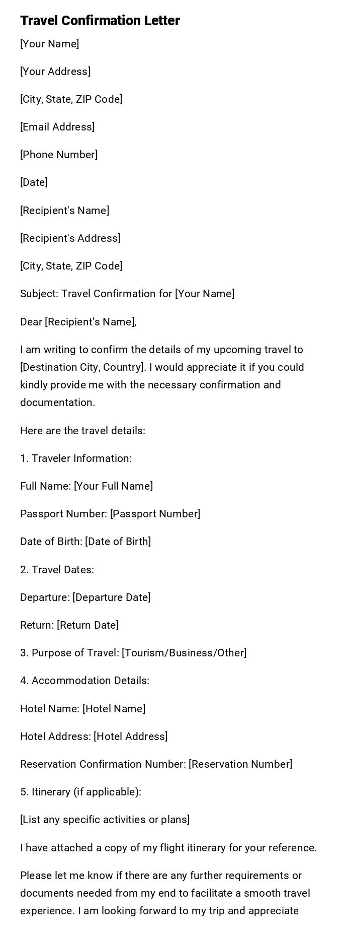 Travel Confirmation Letter