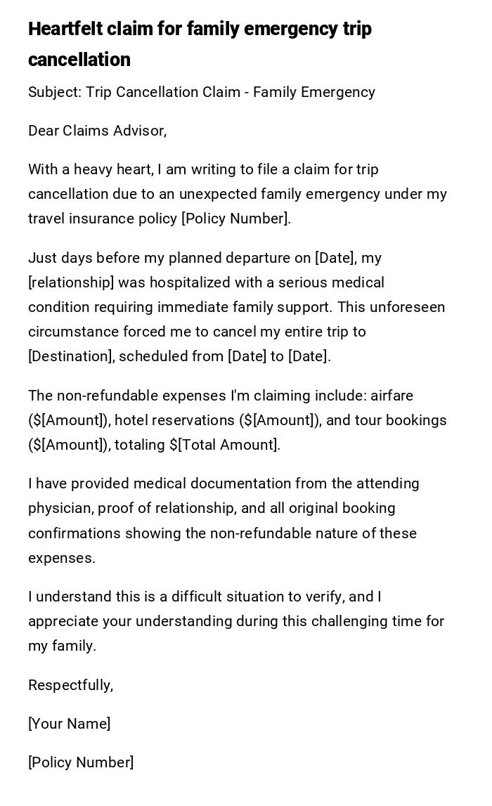 Heartfelt claim for family emergency trip cancellation