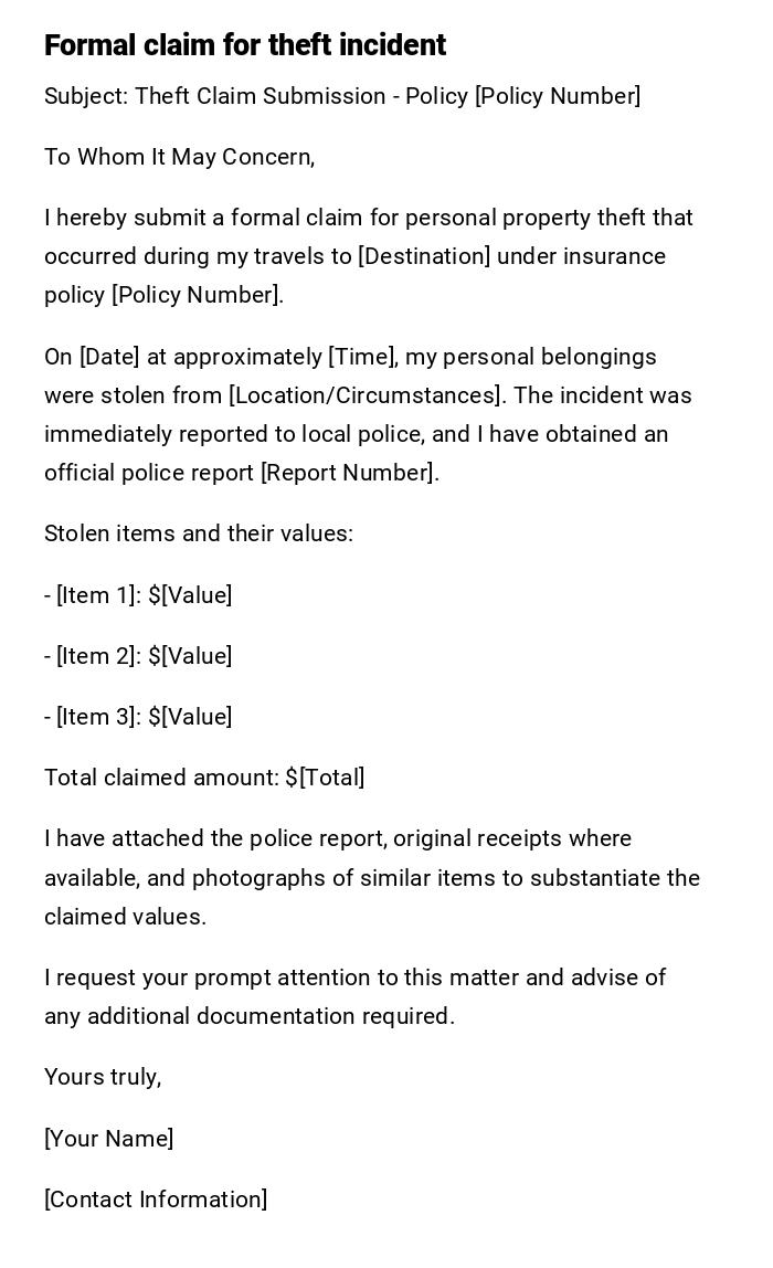 Formal claim for theft incident