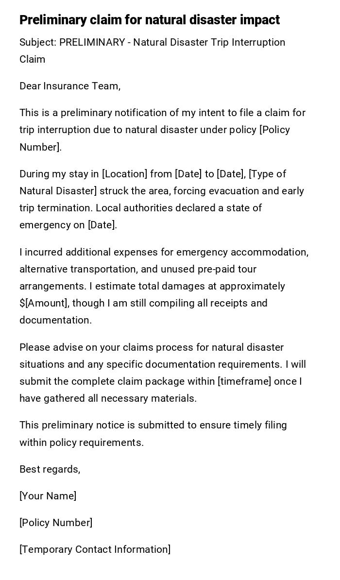 Preliminary claim for natural disaster impact