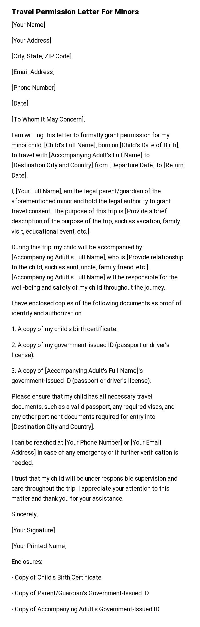Travel Permission Letter For Minors