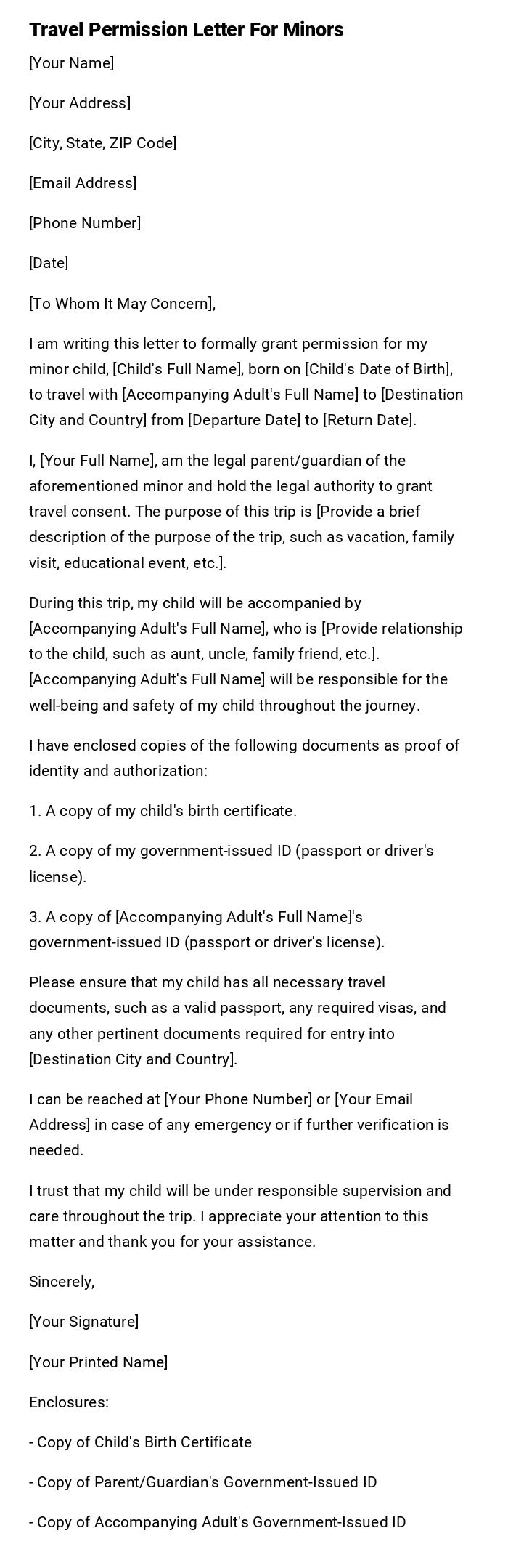 Travel Permission Letter For Minors