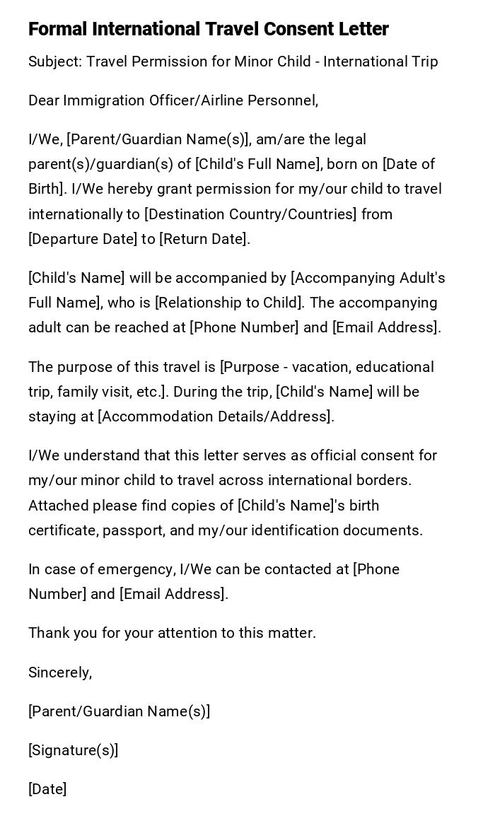 Formal International Travel Consent Letter Formal International Travel Consent Letter