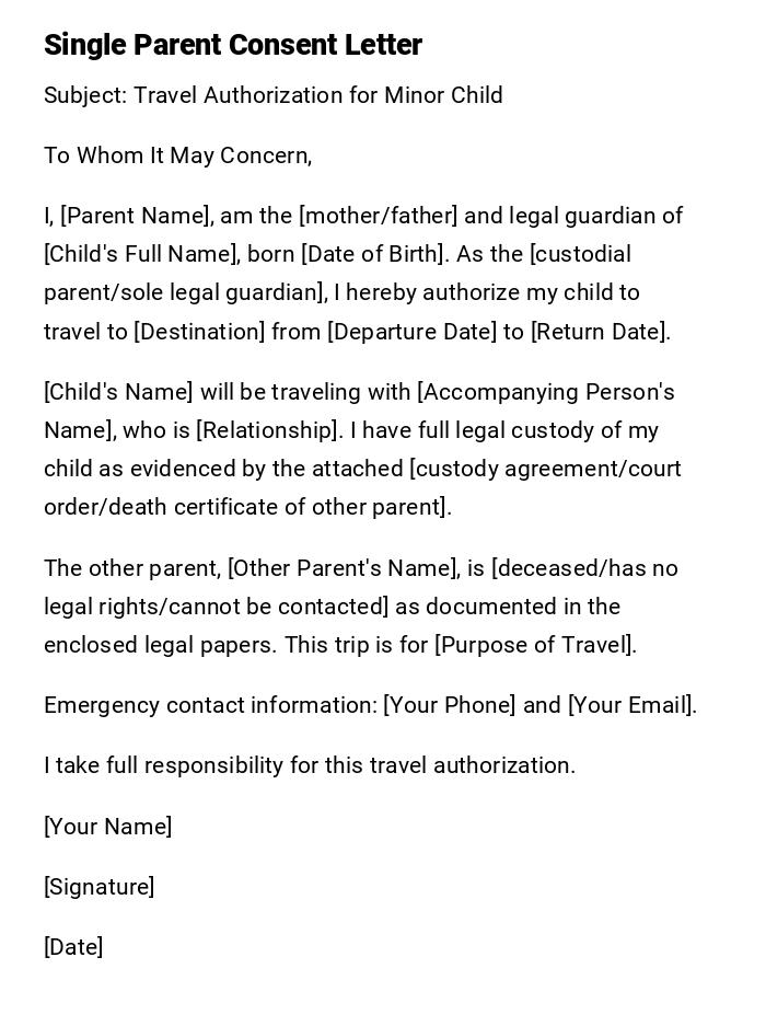 Single Parent Consent Letter Single Parent Consent Letter