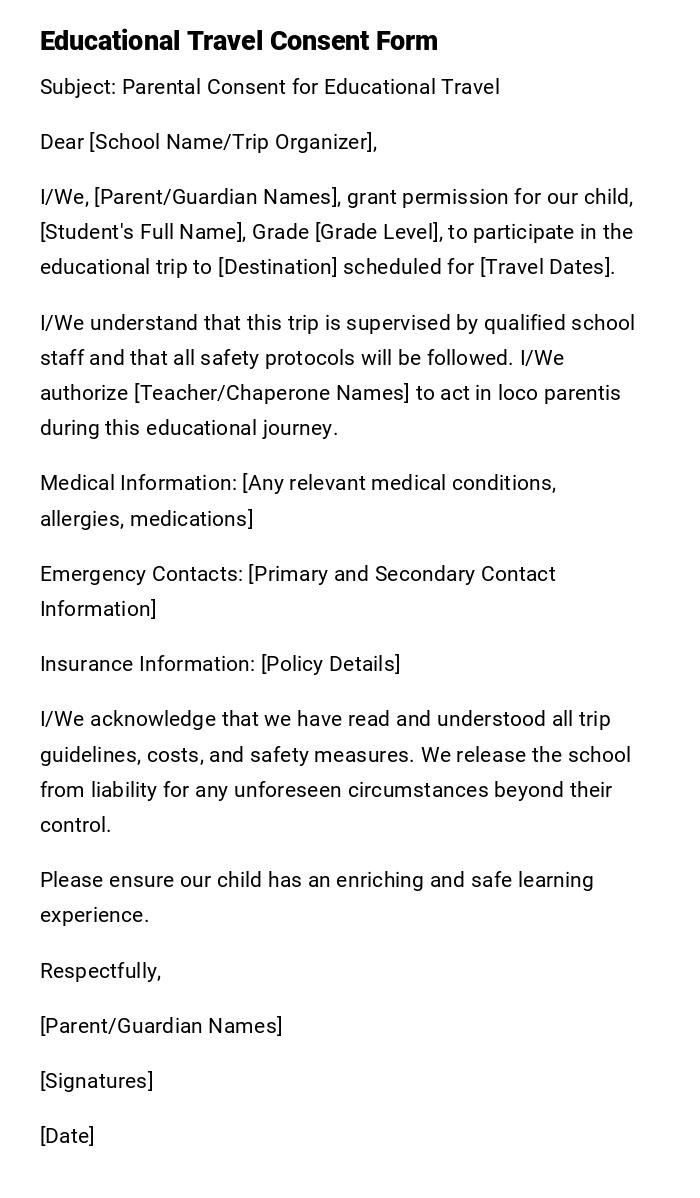 Educational Travel Consent Form Educational Travel Consent Form