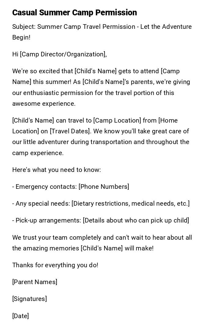 Casual Summer Camp Permission Casual Summer Camp Permission