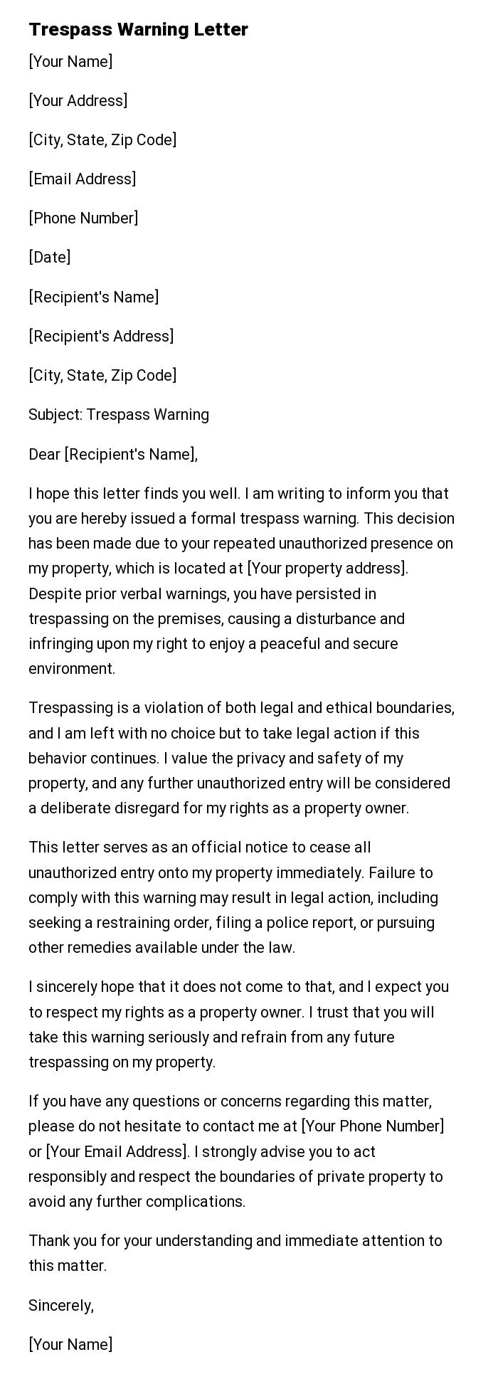 Trespass Warning Letter