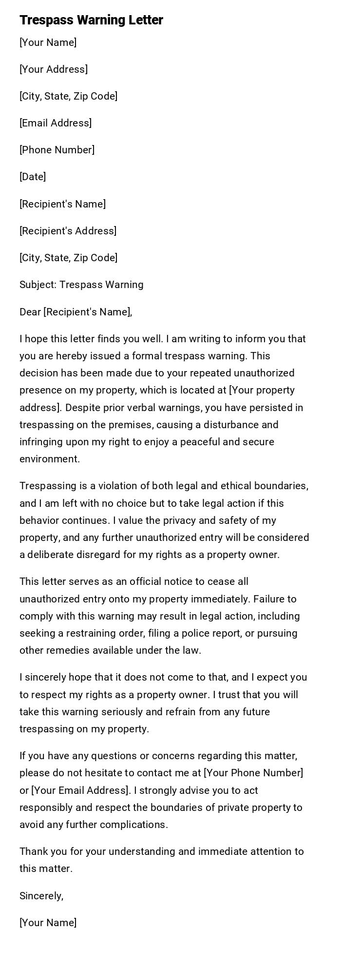 Trespass Warning Letter