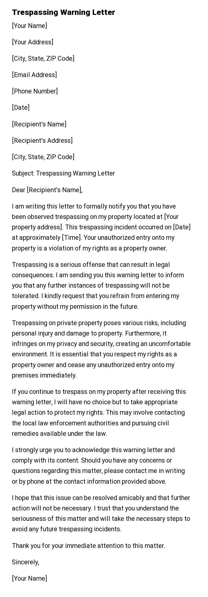 Trespassing Warning Letter