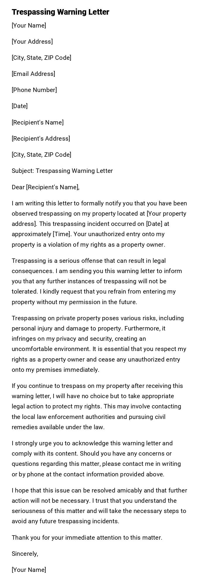 Trespassing Warning Letter