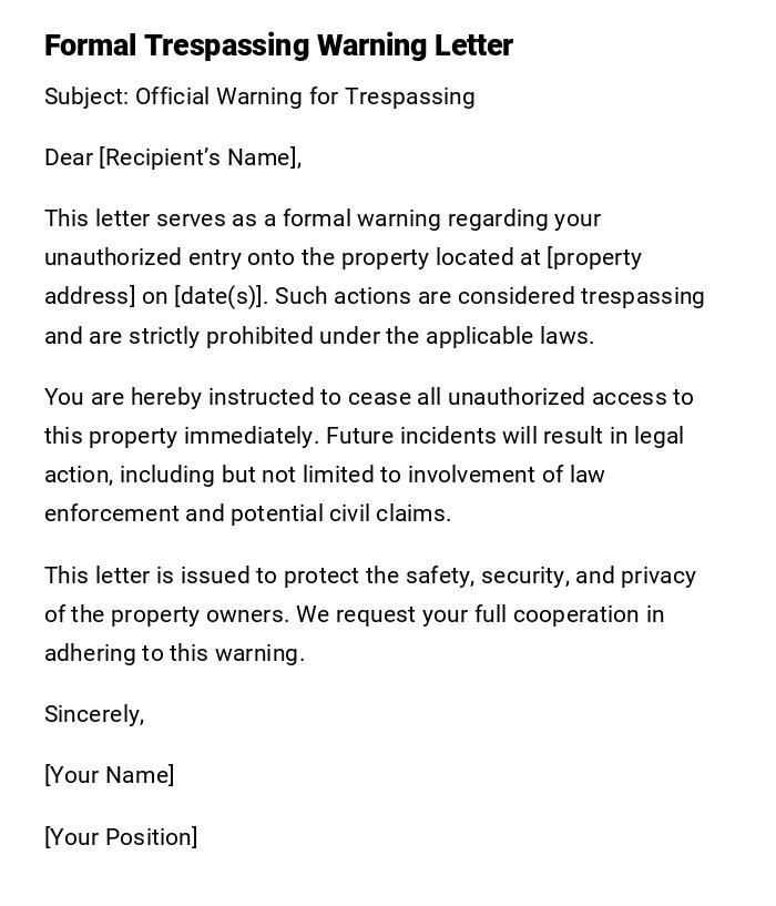 Formal Trespassing Warning Letter Formal Trespassing Warning Letter