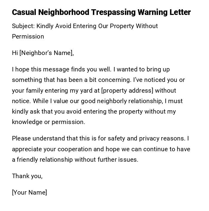Casual Neighborhood Trespassing Warning Letter Casual Neighborhood Trespassing Warning Letter